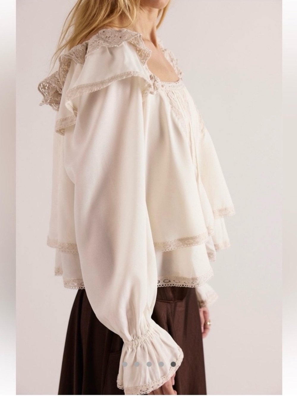 Free People Francie Silky Blouse Top Elegant Ivory Lace Ruffle Details Size L - Picture 3 of 9